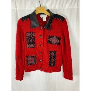 Nancy Bolen City‎ Girl Petite Red Blazer Jacket Aztec Print Women's Small.